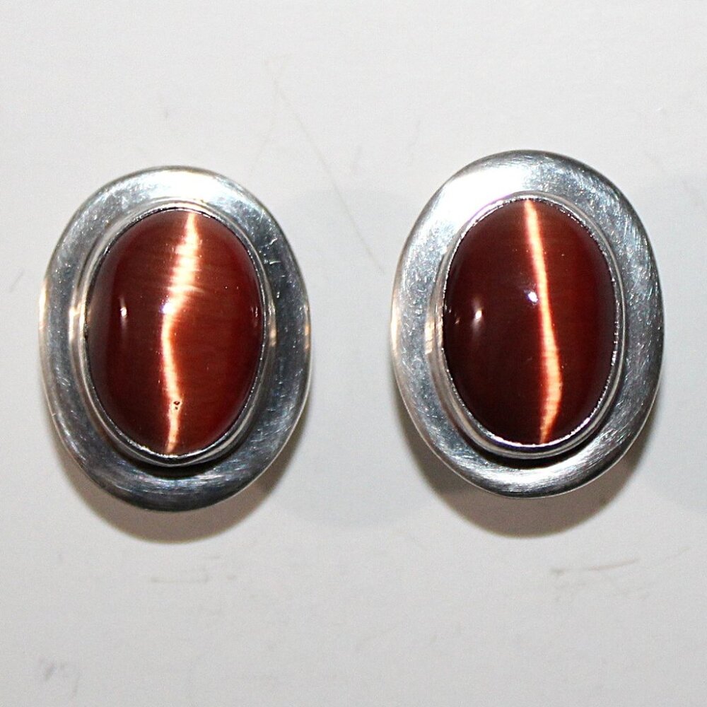 Vintage Sterling Silver Orange Cat Eye Glass Earrings 12 Grams